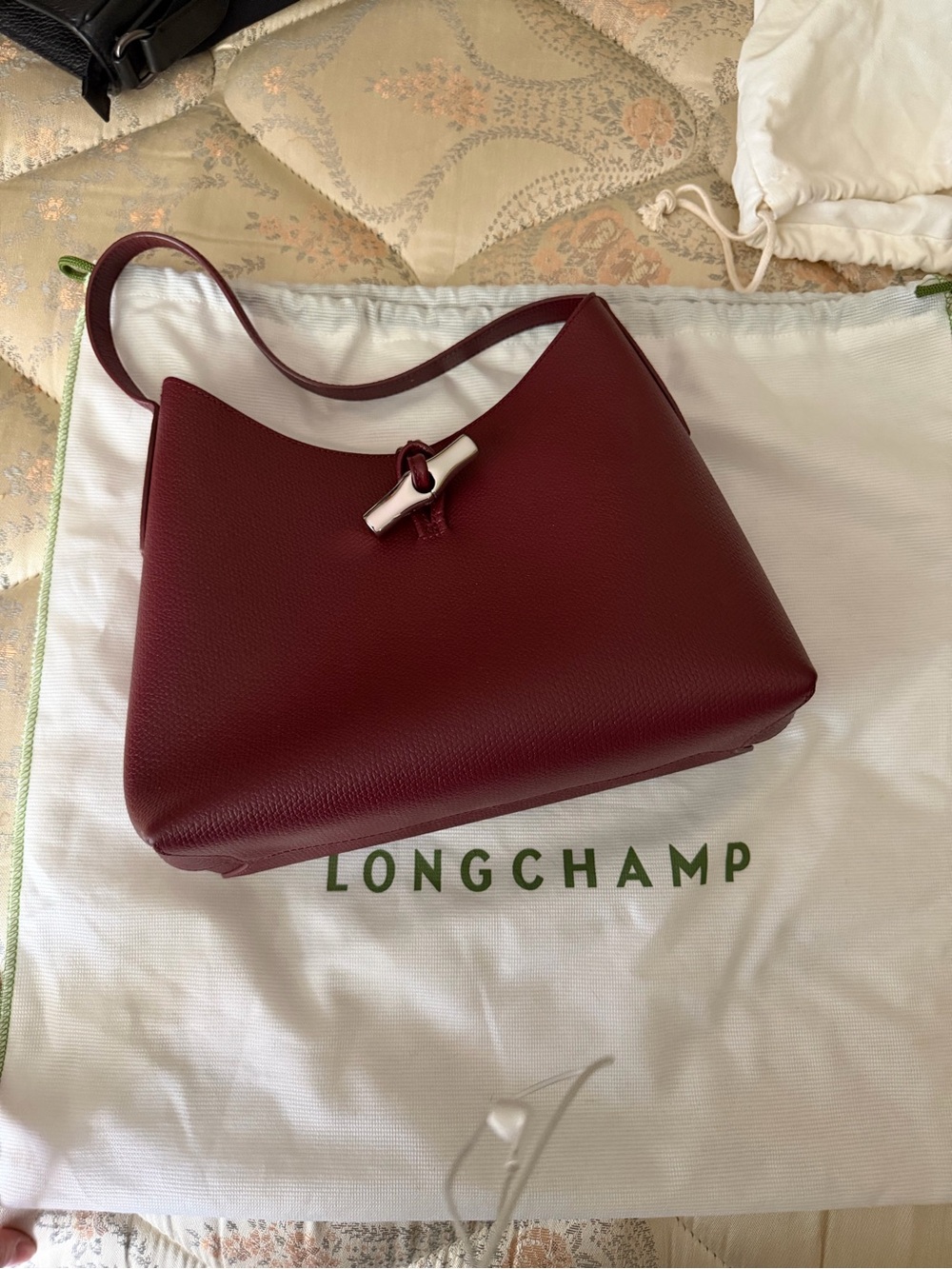 Longchamp Burgundy Leather Shoulder Hobo with Silver Toggle